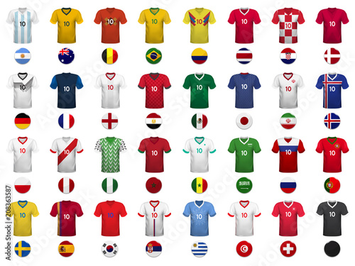 Set of T-shirts and flags of the national teams of world championship. Vector illustration.