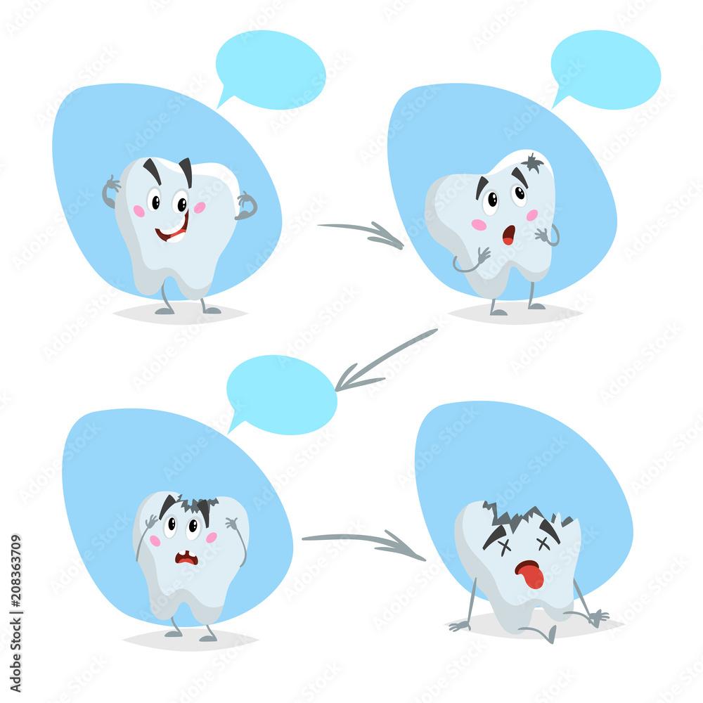 Cartoon tooth characters. Caries, cavity phases with arrows. Healthy, ill and dead teeth. Dental care vector illustrations. Cartoon tooth characters. Caries, cavity phases with arrows. Healthy, ill and dead teeth. Dental care vector illustrations.