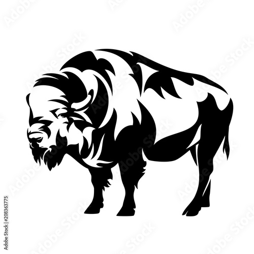 standing bison bull side view design - black and white vector illustration