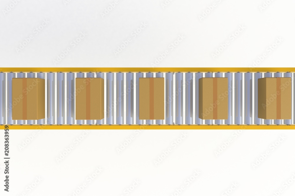 Top view empty cardboard box on yellow conveyor line isolated on a white background, Delivery concept, 3d rendering Top view empty cardboard box on yellow conveyor line isolated on a white background, Delivery concept, 3d rendering