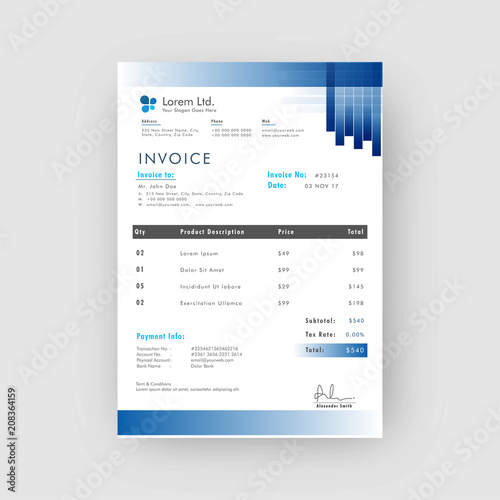 Blue corporate invoice or estimate template.