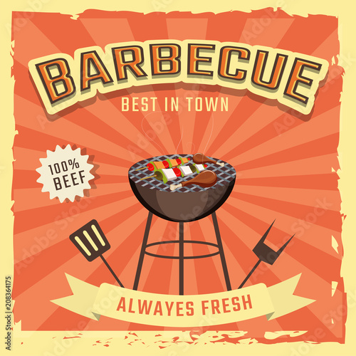 Vintage style, barbecue poster, food flyer, menu card, or promotional advertisement design on rays background.
