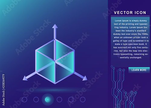 3d cube with axes, perspective icon, rotate sign