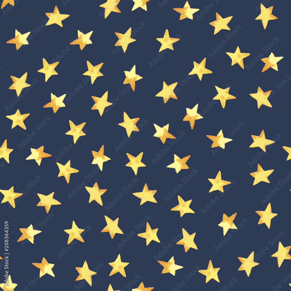 Seamless pattern of hand drawing yellow simple stars in cartoon childish stile on dark background Seamless pattern of hand drawing yellow simple stars in cartoon childish stile on dark background