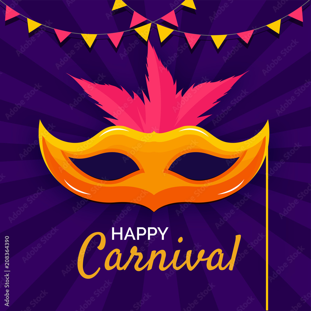 Happy carnival festive banner or poster with golden masquerade and bunting flags on rays background. Happy carnival festive banner or poster with golden masquerade and bunting flags on rays background.