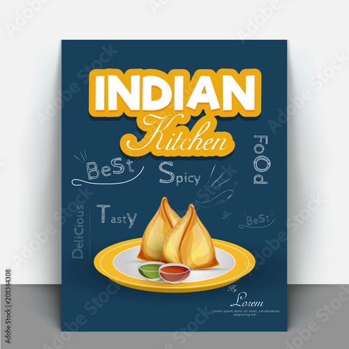 Indian/ Asian famous snack Samosa with text Indian Kitchen on blue background. Cooking book or recipe book cover design.