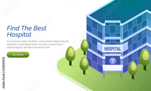 Website landing page design with an isometric view of hospital. 3D projection. Health and technology concept. photo