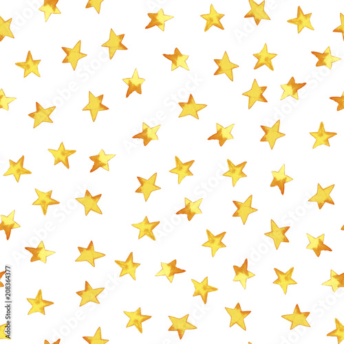 Seamless pattern of hand drawing yellow simple stars in cartoon childish stile on white background