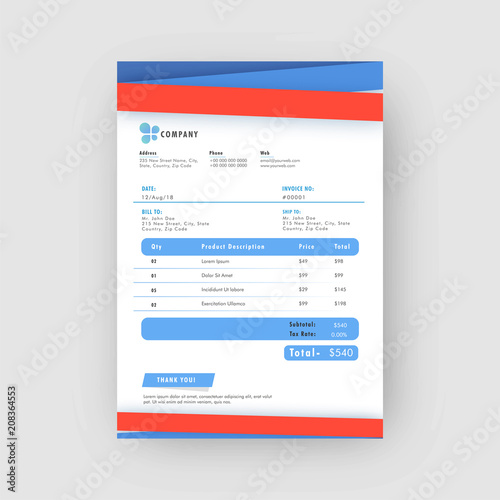 Red and blue corporate invoice or estimate template.
