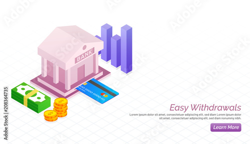 Landing page design, Online bank ⁬with coins, money and financial graph.