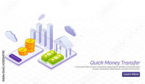 Quick online money transfer, smartphone and financial graph, Landing page design.