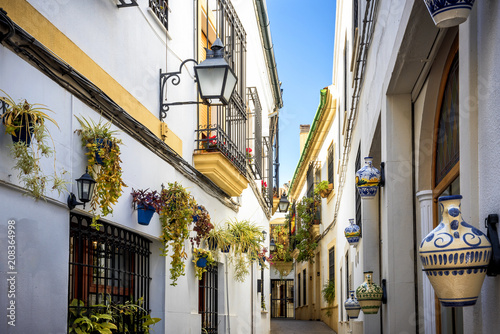 Cordoba  Andalucia  Spain   old typical street in the Juderia with plants and flowers