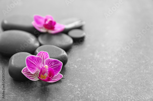 Spa stones and beautiful orchid flowers on dark background