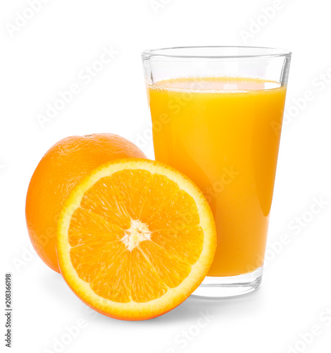 Fresh citrus drink in glass and orange on white background