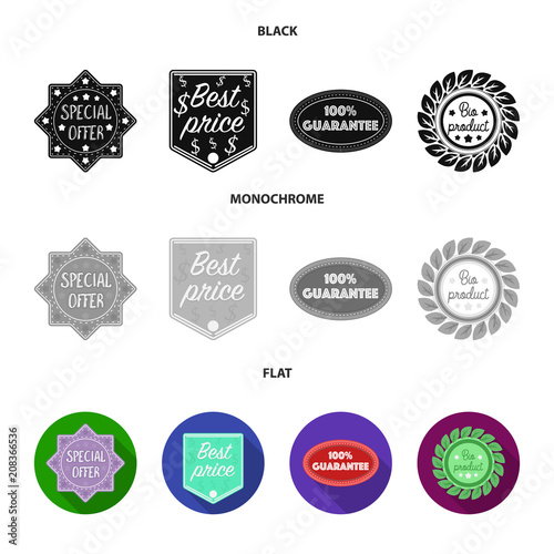 Special offer, best prise, guarantee, bio product.Label,set collection icons in black, flat, monochrome style vector symbol stock illustration web.