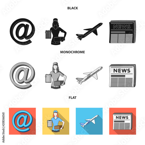 Email symbol, courier with parcel, postal airplane, pack of newspapers.Mail and postman set collection icons in black, flat, monochrome style vector symbol stock illustration web.
