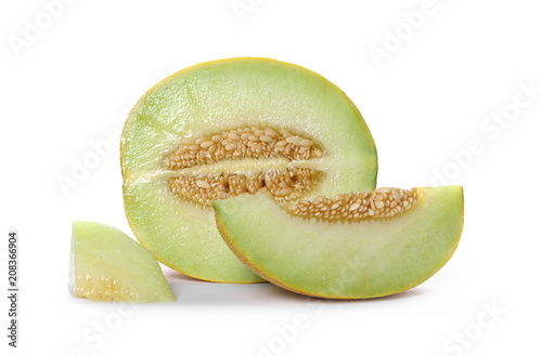 Fresh cantaloupe melon with slices isolated on white background