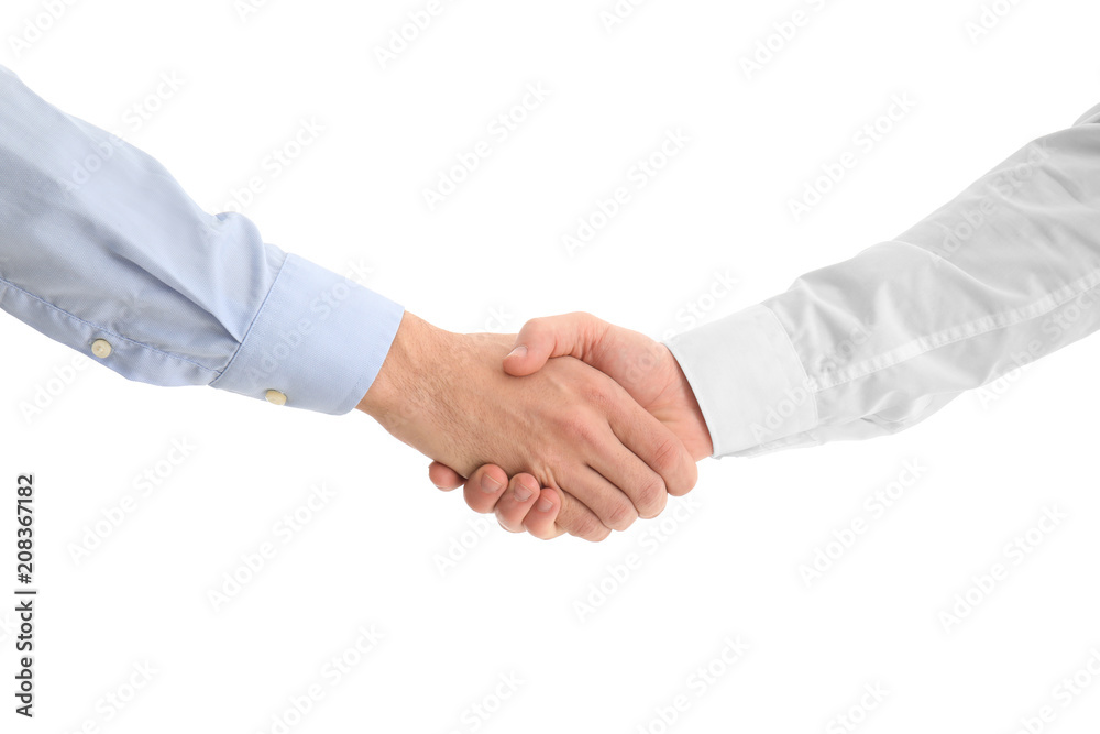 Two young men shaking hands on white background Two young men shaking hands on white background