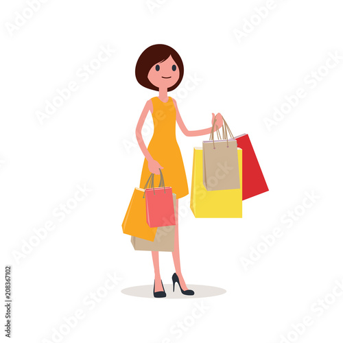 Woman shopping in paper bags. Flat style.