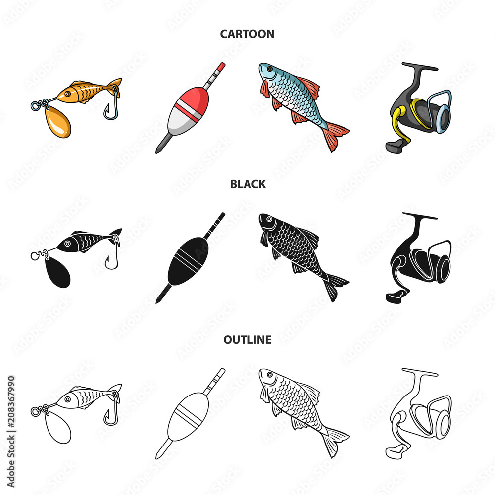 Fishing, fish, catch, hook .Fishing set collection icons in cartoon