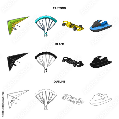 Hang glider, parachute, racing car, water scooter.Extreme sport set collection icons in cartoon,black,outline style vector symbol stock illustration web.