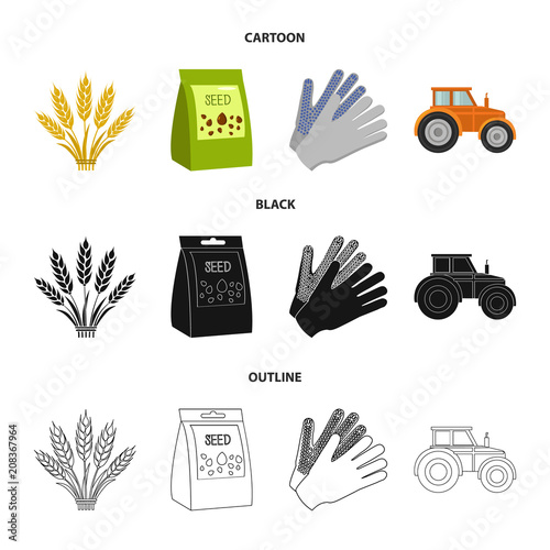 Spikelets of wheat, a packet of seeds, a tractor, gloves.Farm set collection icons in cartoon,black,outline style vector symbol stock illustration web.