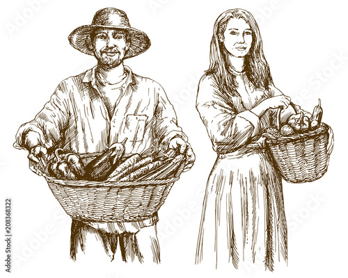 Gardener, basket of harvested vegetables. Hand drawn illustration.