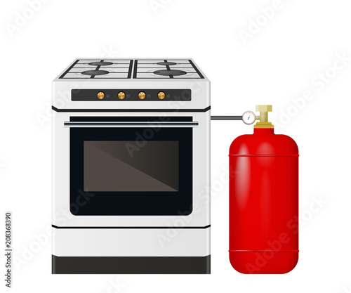 Kitchen stove with a red gas cylinder. Vector illustration. A container of butane.