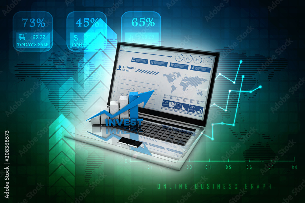 3d rendering Business analyze. Laptop, graph(Stock market Concept)
3d rendering Business analyze. Laptop, graph(Stock market Concept)