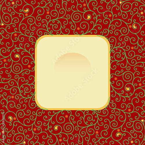 A square vignette with curls for a notebook or book. Lacy ornament with ornate lines and drop-shaped elements. 
Stylized vegetative pattern on a bright red background.