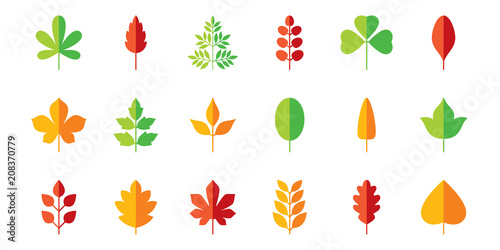Leaf flat icon set. Vector collection. Tree leaves. Eco logo sign. Red, green, yellow. Spring, summer, autumn element