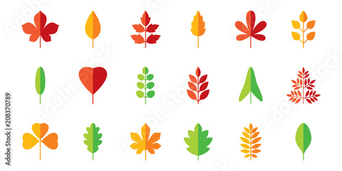 Leaf flat icon set. Vector collection. Tree leaves. Eco logo sign. Red, green, yellow. Spring, summer, autumn element