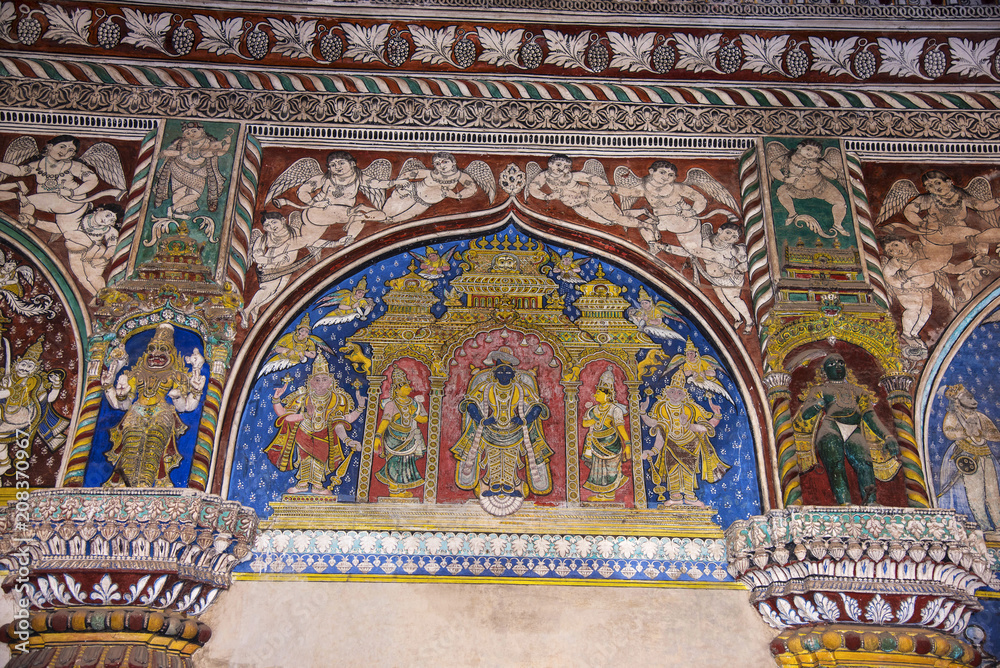Colorful paintings on ceiling wall of Darbar Hall of the Thanjavur Maratha palace, Thanjavur, Tamil Nadu, India