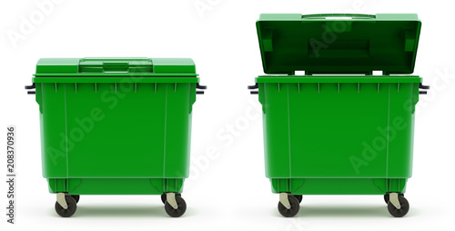 Open and closed green garbage container