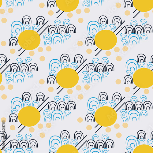 The seamless pattern of sky with suns and clouds.