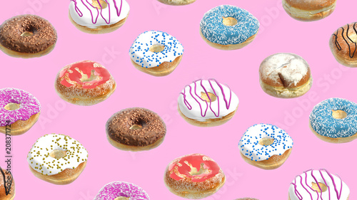 3D render Different donuts on a pink background photo