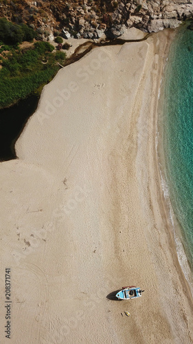 Aerial drone bird's eye view photo of iconic beach of Potami or River with turquoise clear waters, South Evia island, Greece photo