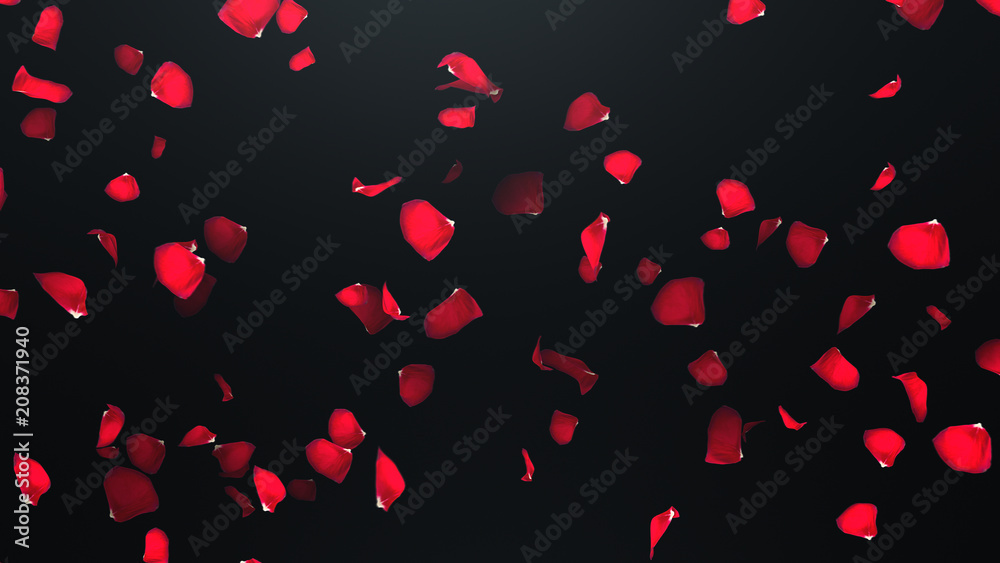 3D render Flying petals of roses with on an black background