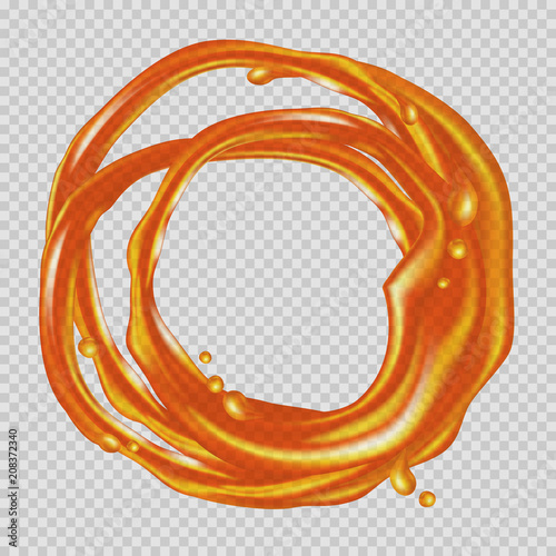 Transparent caramel splash and drops flow in a circle.