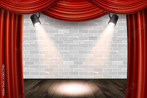 Wooden stage with red curtains