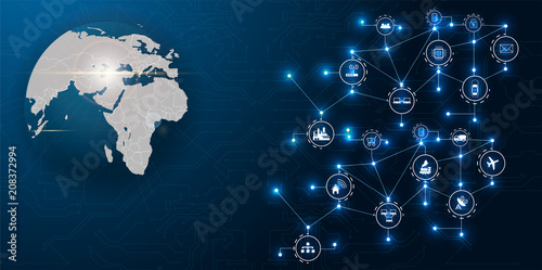 Communication network around Earth used for worldwide international connections for finance, banking, internet, IoT and cryptocurrencies, fintech concept, 