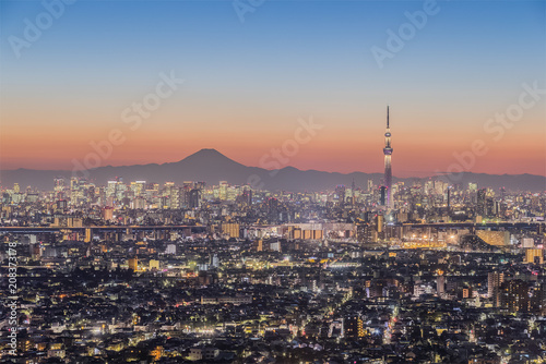 Tokyo night view , Tokyo Skytree landmark with Tokyo downtown building area and Mountain Fuji in winter season
