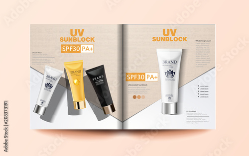Sunscreen advertising poster Information UV protection.Cosmetic magazine template, fashion makeup trends brochure with foundation, sunblocks 