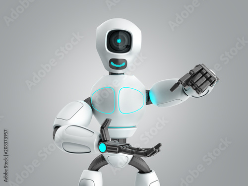 modern concept of product presentation robot ready to insert an object into the hand 3d render on grey