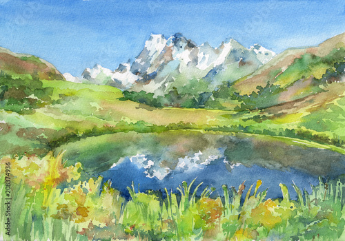Panoramic view of idyllic mountains in the Alps with fresh green meadows in bloom, lake and flowers on the foreground. Watercolor hand drawn illustration.
