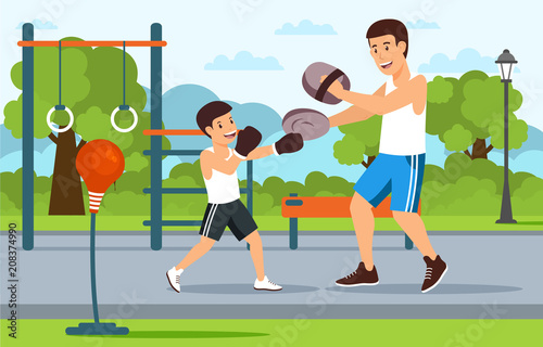 Cartoon father in boxer shorts on playground