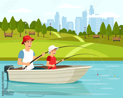 Cartoon dad and son sitting in boat and fishing