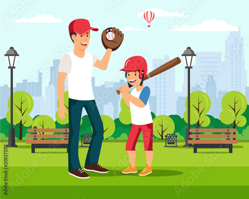 Happy cartoon father plays baseball with son