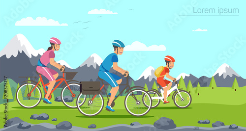 Cartoon family riding on bicycles. Mountains