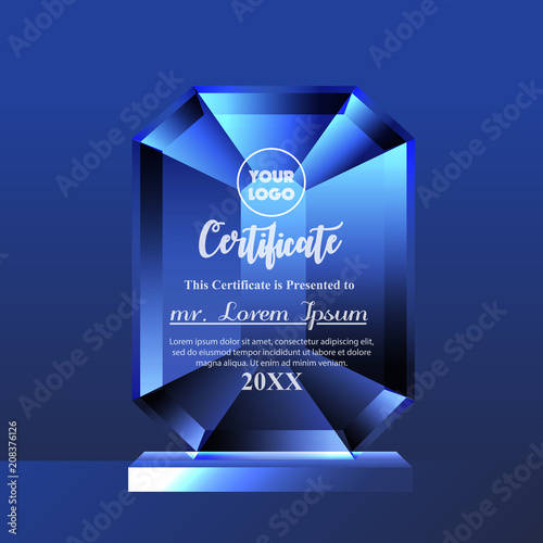 Crystal trophy certificate design template on blue background. Vector Illustration